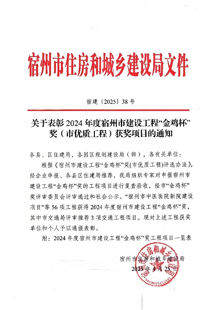 公司監(jiān)理項(xiàng)目斬獲宿州市“金雞杯”獎，劉斌同志榮獲“優(yōu)秀總監(jiān)理工程師”榮譽(yù)